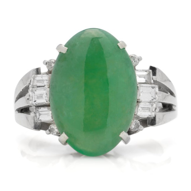 Vintage GIA Certified Grade A 4.77ct Jadeite Jade Ring with Diamonds