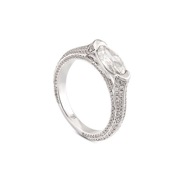 Contemporary 0.96ct Oval Diamond Solitaire Ring; featuring a 0.96 carat oval faceted diamond accented by 260 round brilliant-cut diamonds set into the shoulders and band