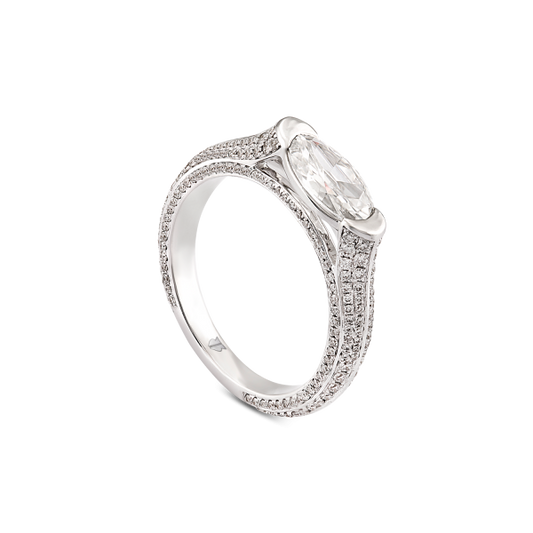 Contemporary 0.96ct Oval Diamond Solitaire Ring; featuring a 0.96 carat oval faceted diamond accented by 260 round brilliant-cut diamonds set into the shoulders and band