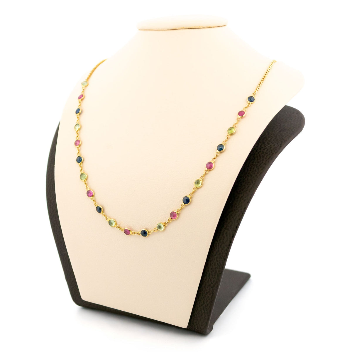 Vintage Peridot Ruby Sapphire Multi Colour Gemstone Necklace in 18ct Gold