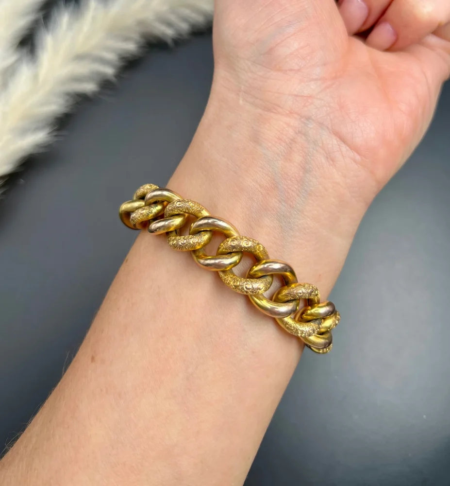 Antique 9 Carat Rose Gold Night & Day Curb Bracelet With Heart Padlock Clasp