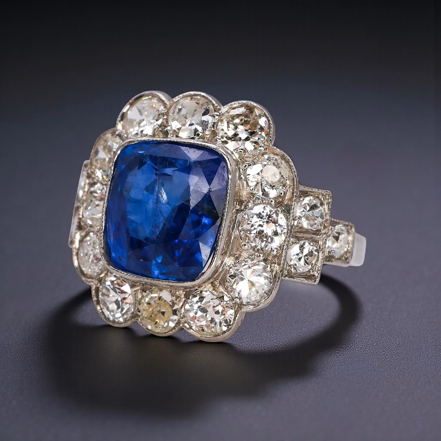 Art Deco French 3ct Cushion Blue Sapphire and Old Cut Diamond Cluster Engagement Ring in Platinum