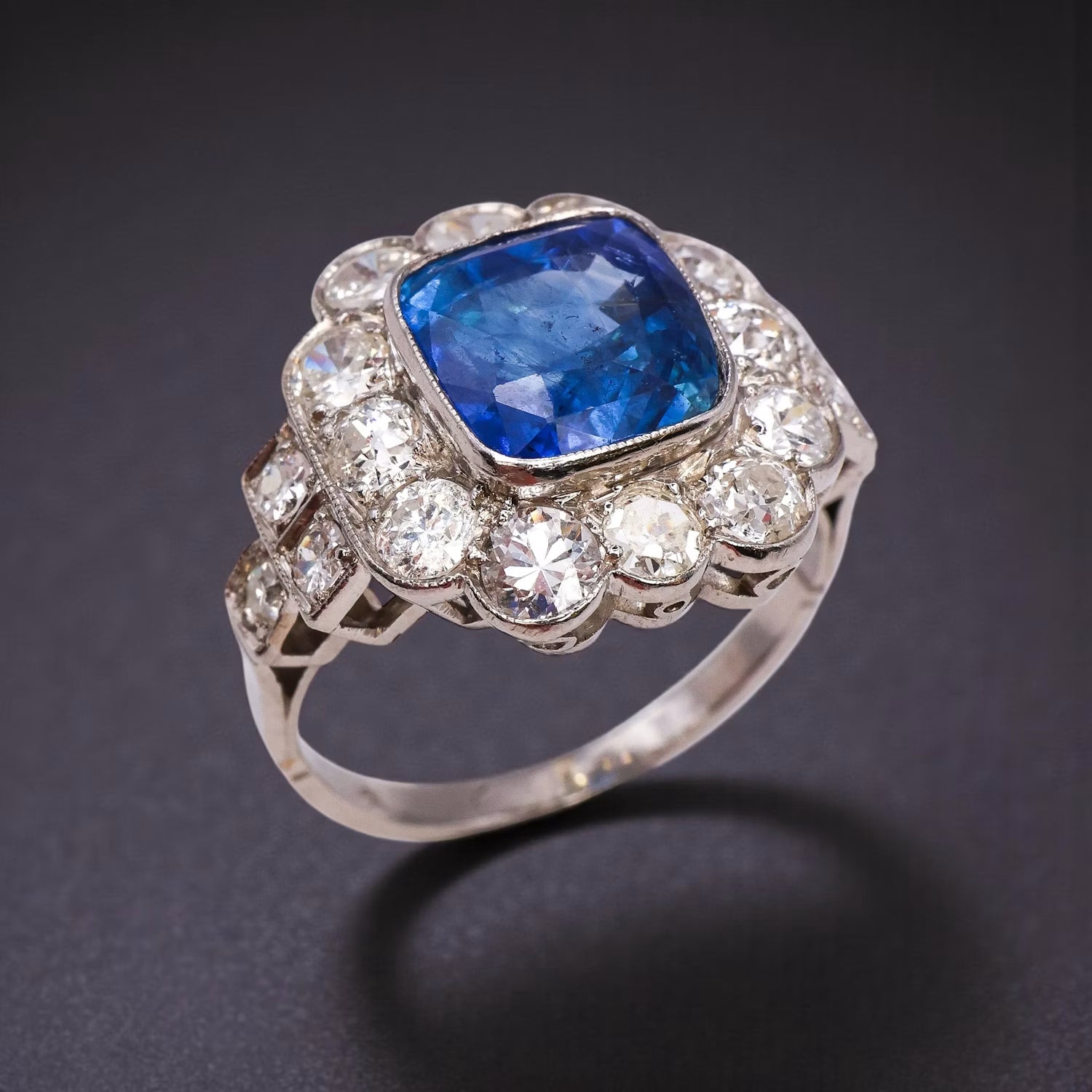 Art Deco French 3ct Cushion Blue Sapphire and Old Cut Diamond Cluster Engagement Ring in Platinum