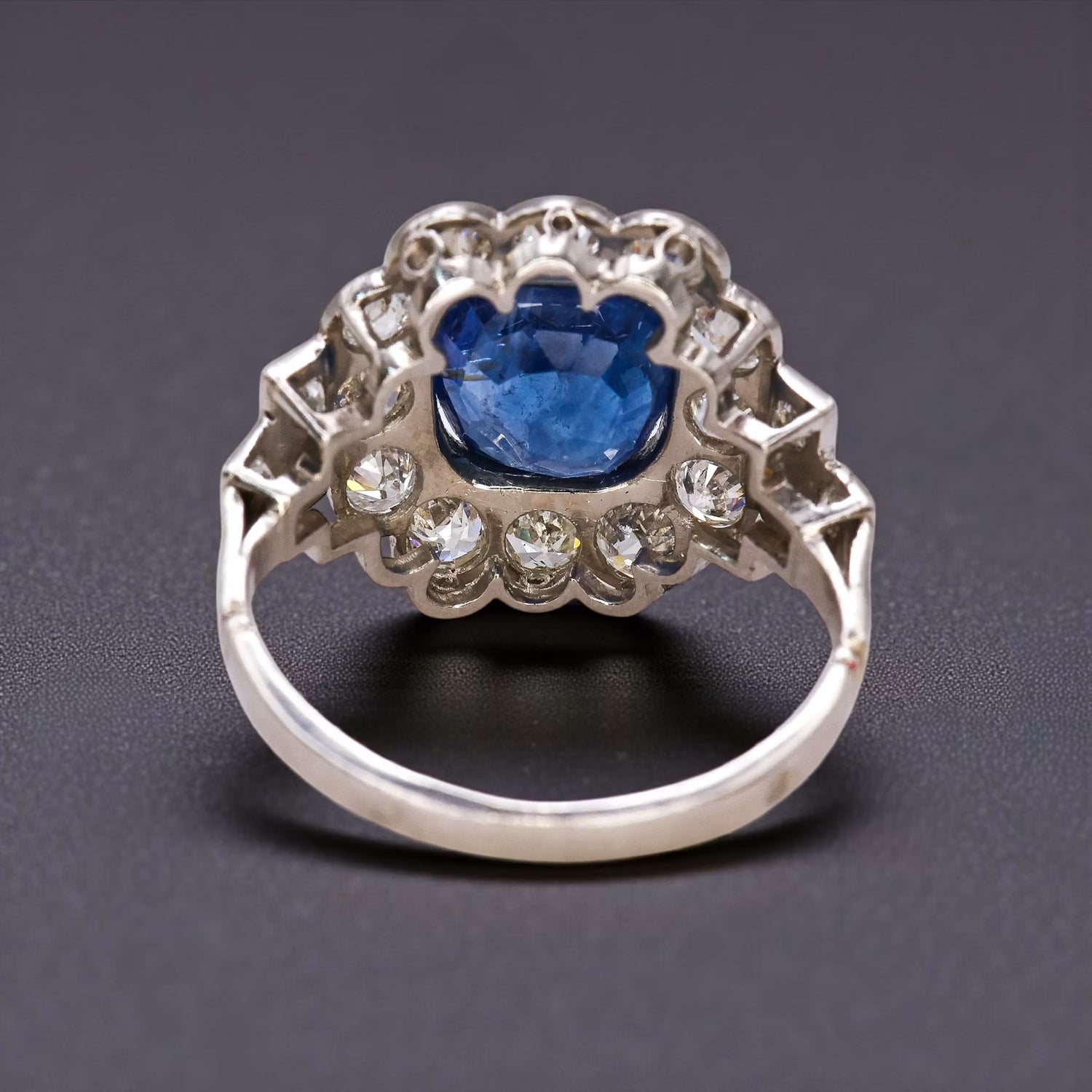 Art Deco French 3ct Cushion Blue Sapphire and Old Cut Diamond Cluster Engagement Ring in Platinum