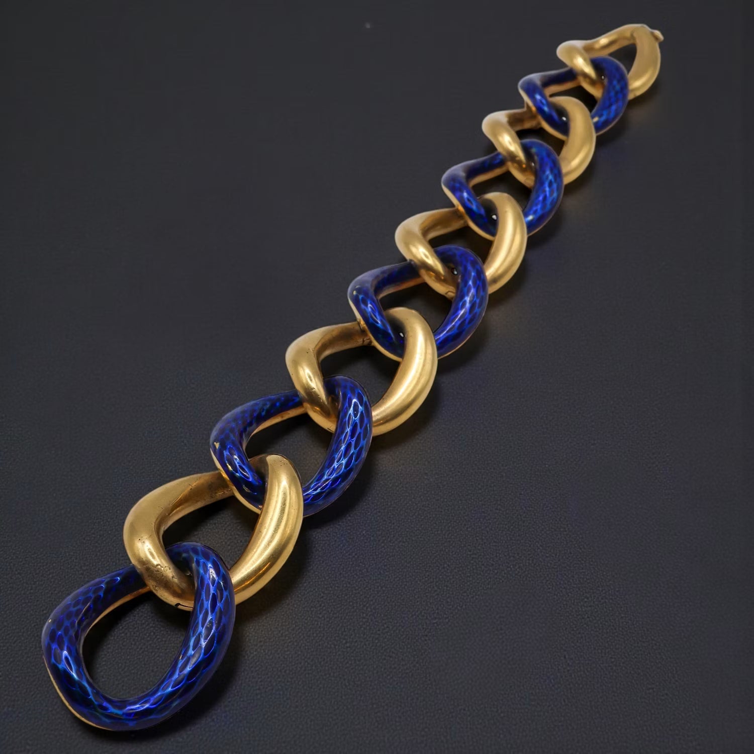 Vintage French Blue Enamel and Gold Oval Open Link Bracelet