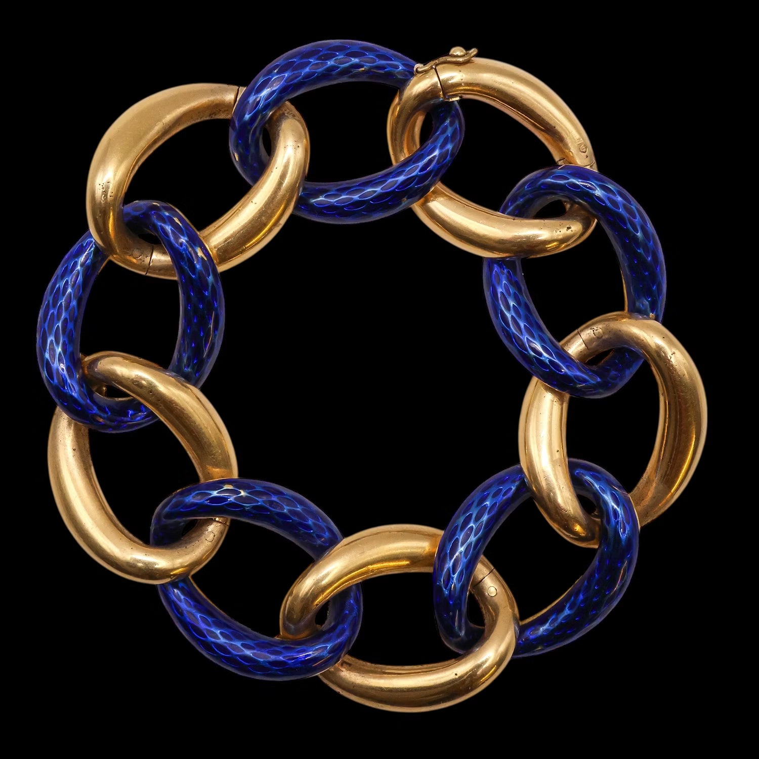 Vintage French Blue Enamel and Gold Oval Open Link Bracelet