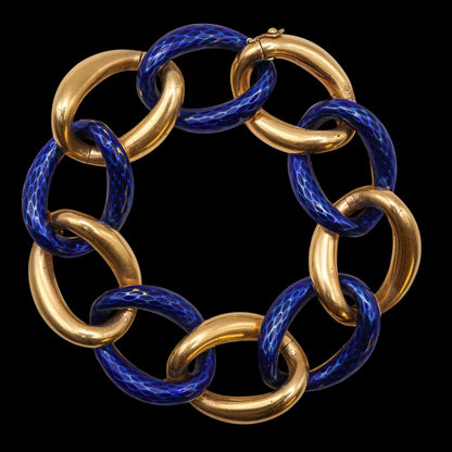 Vintage French Blue Enamel and Gold Oval Open Link Bracelet