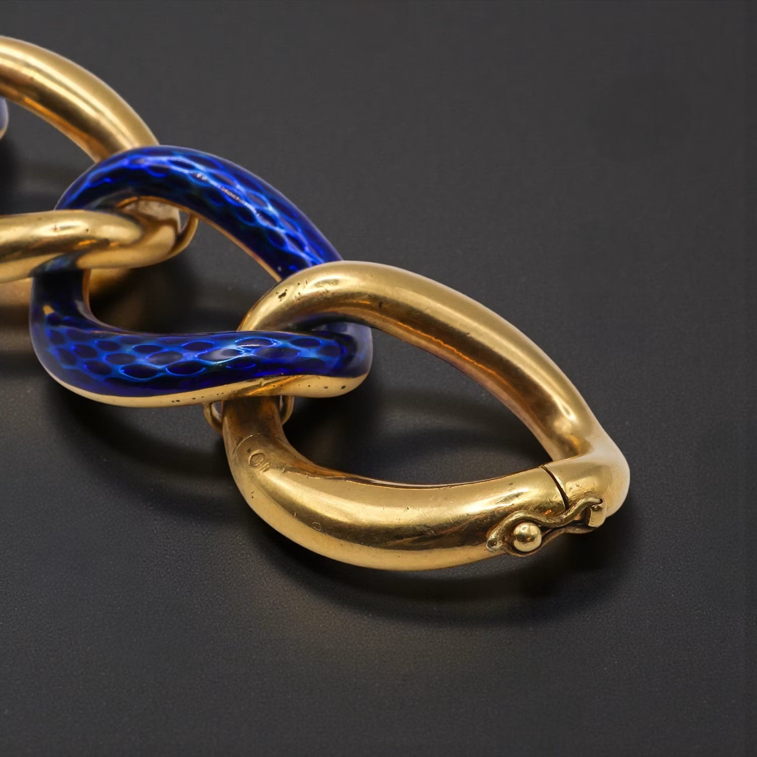 Vintage French Blue Enamel and Gold Oval Open Link Bracelet