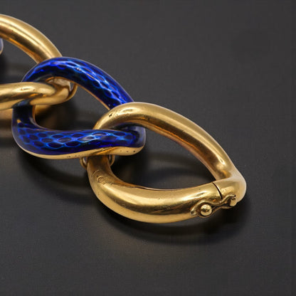 Vintage French Blue Enamel and Gold Oval Open Link Bracelet