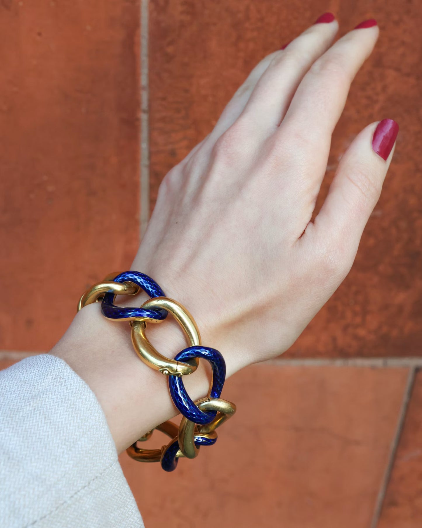 Vintage French Blue Enamel and Gold Oval Open Link Bracelet