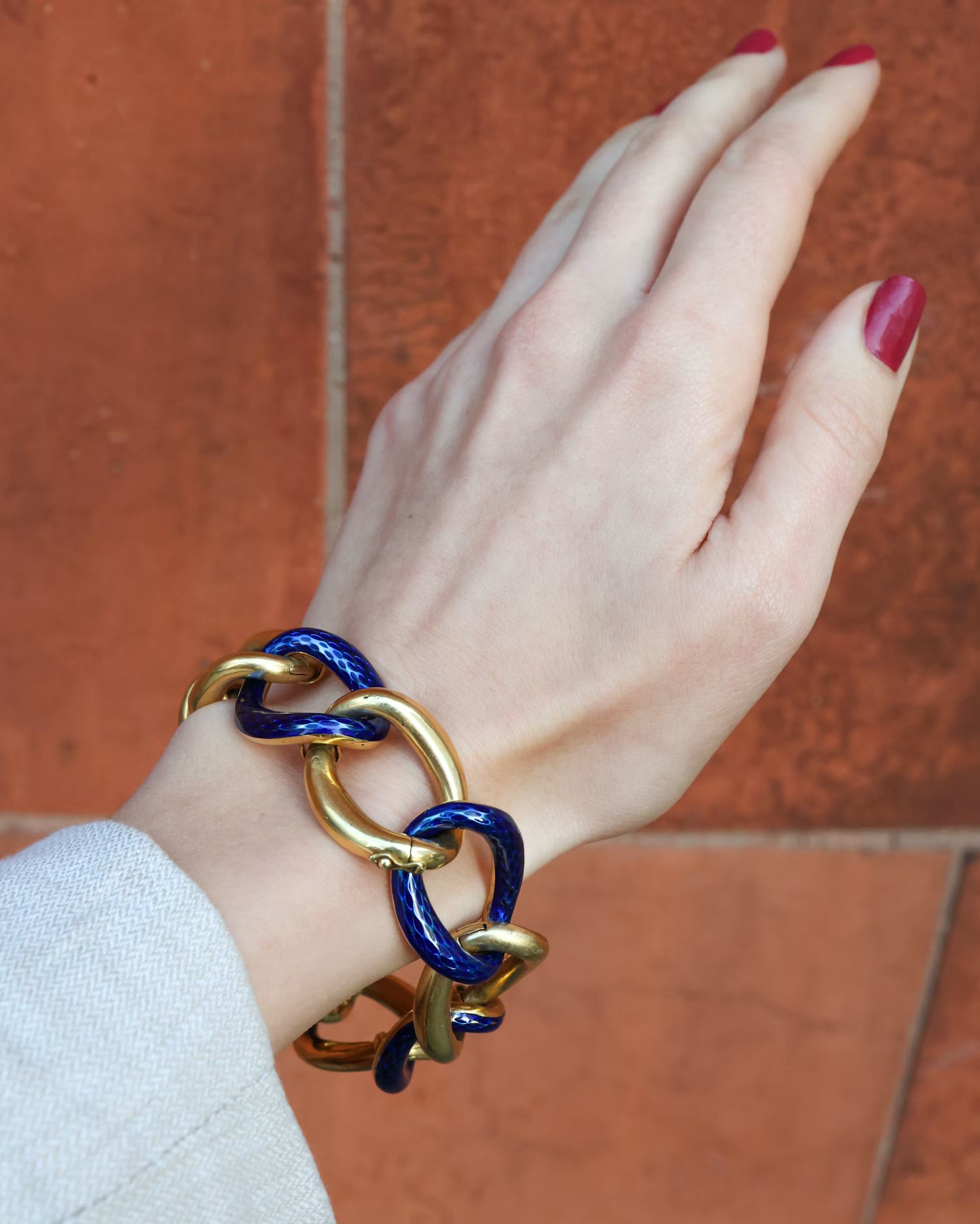 Vintage French Blue Enamel and Gold Oval Open Link Bracelet