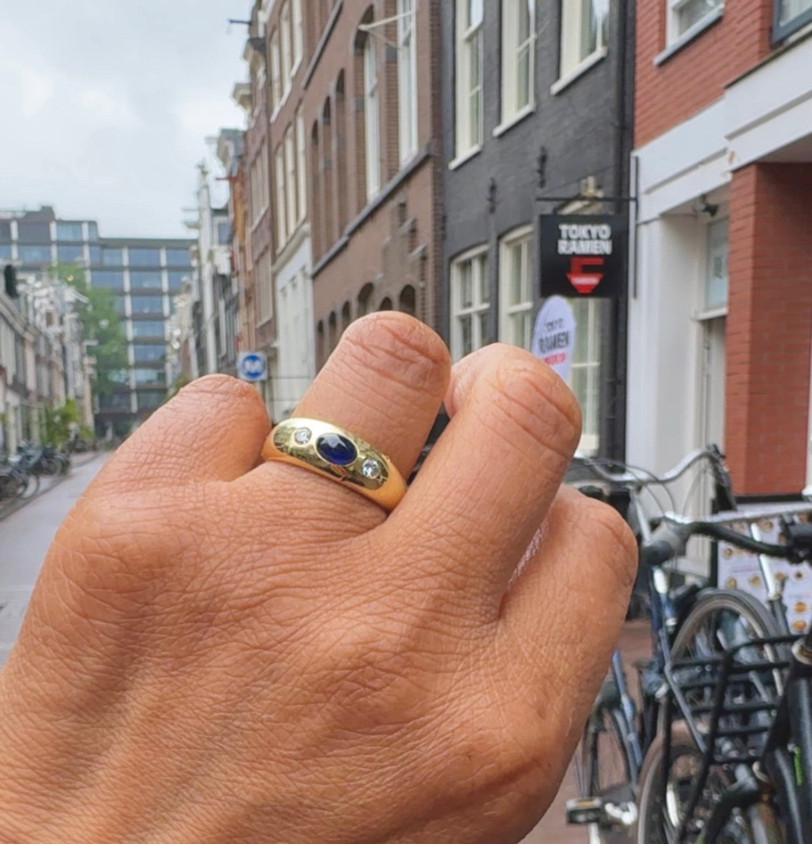 Diamond Sapphire 14 Carat Gold Gypsy Ring