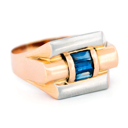 Sapphire 18 Carat Gold Two Tone Tank Ring