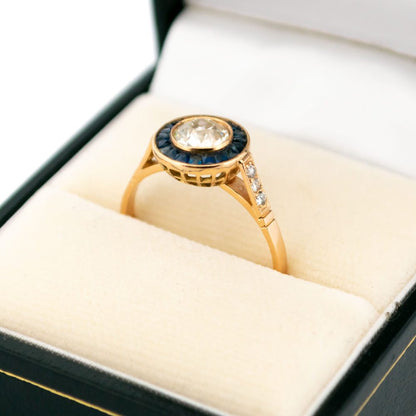 Vintage Old Cut Diamond And Sapphire Target Ring In 18 Carat Yellow Gold