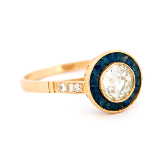 Vintage Old Cut Diamond And Sapphire Target Ring In 18 Carat Yellow Gold