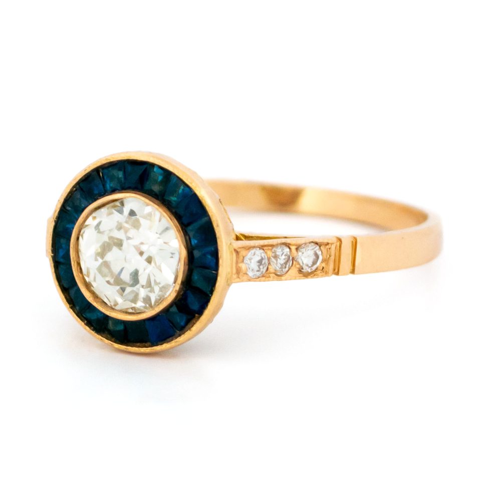 Vintage Old Cut Diamond And Sapphire Target Ring In 18 Carat Yellow Gold