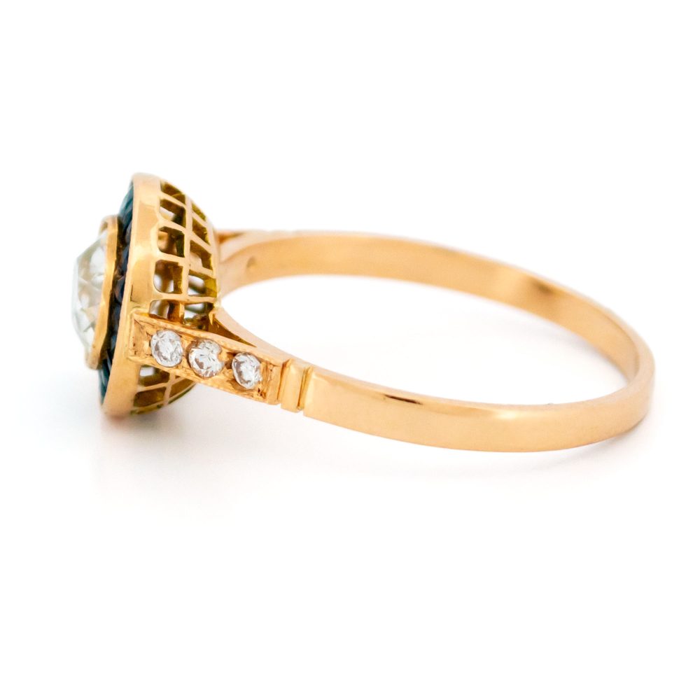 Vintage Old Cut Diamond And Sapphire Target Ring In 18 Carat Yellow Gold