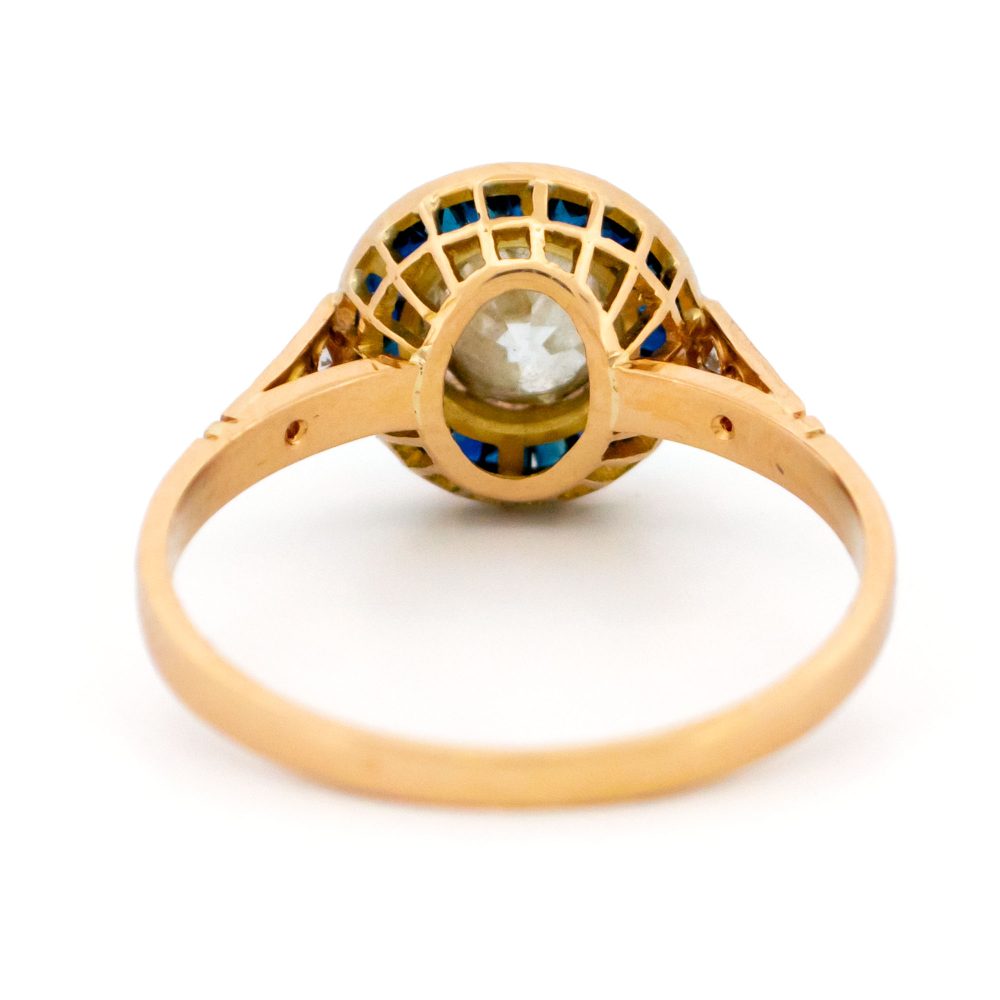 Vintage Old Cut Diamond And Sapphire Target Ring In 18 Carat Yellow Gold