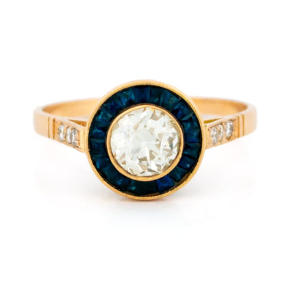 Vintage Old Cut Diamond And Sapphire Target Ring In 18 Carat Yellow Gold