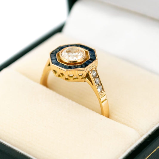 Vintage Diamond And Sapphire Octagon-Shape Ring In 18 Carat Yellow Gold
