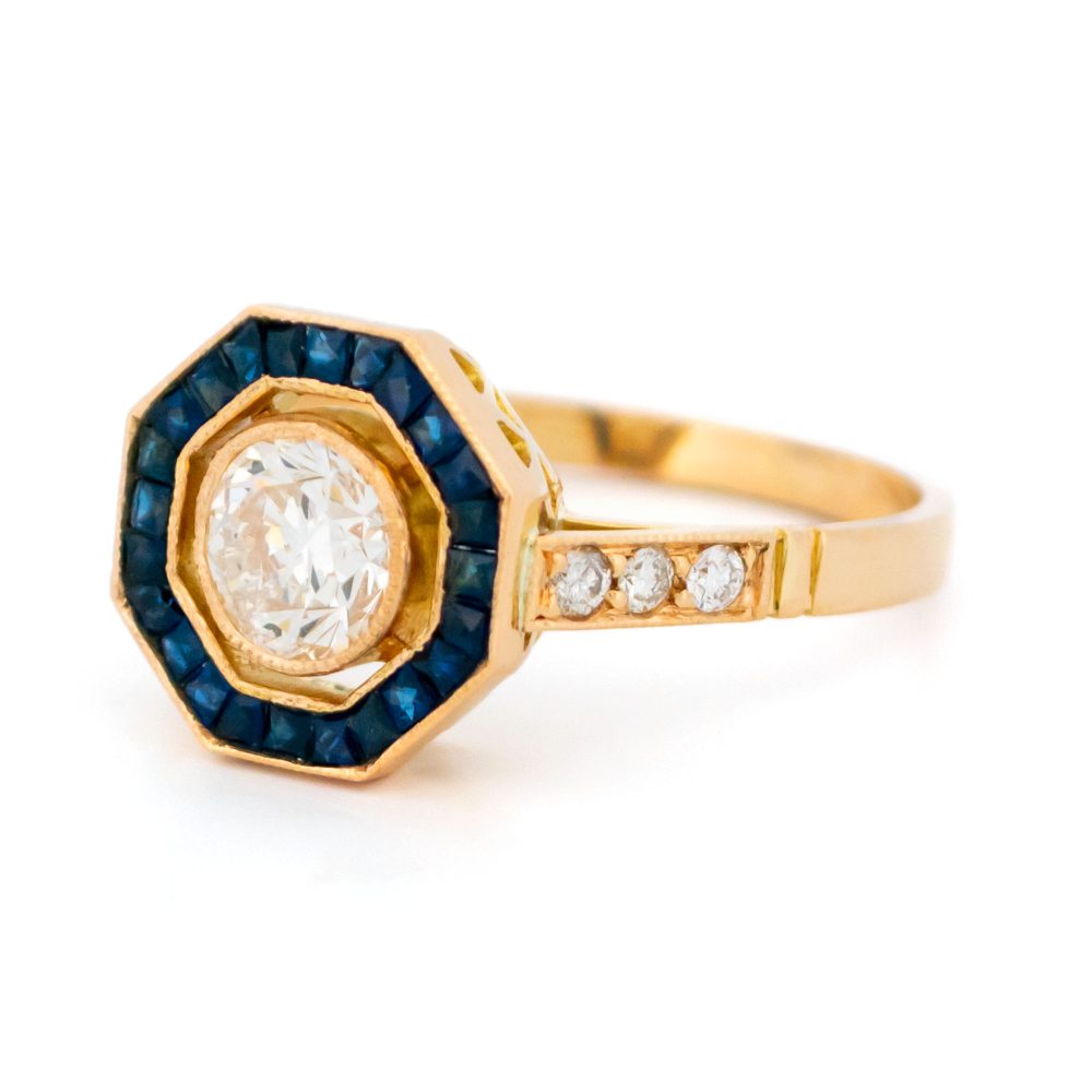 Vintage Diamond And Sapphire Octagon-Shape Ring In 18 Carat Yellow Gold