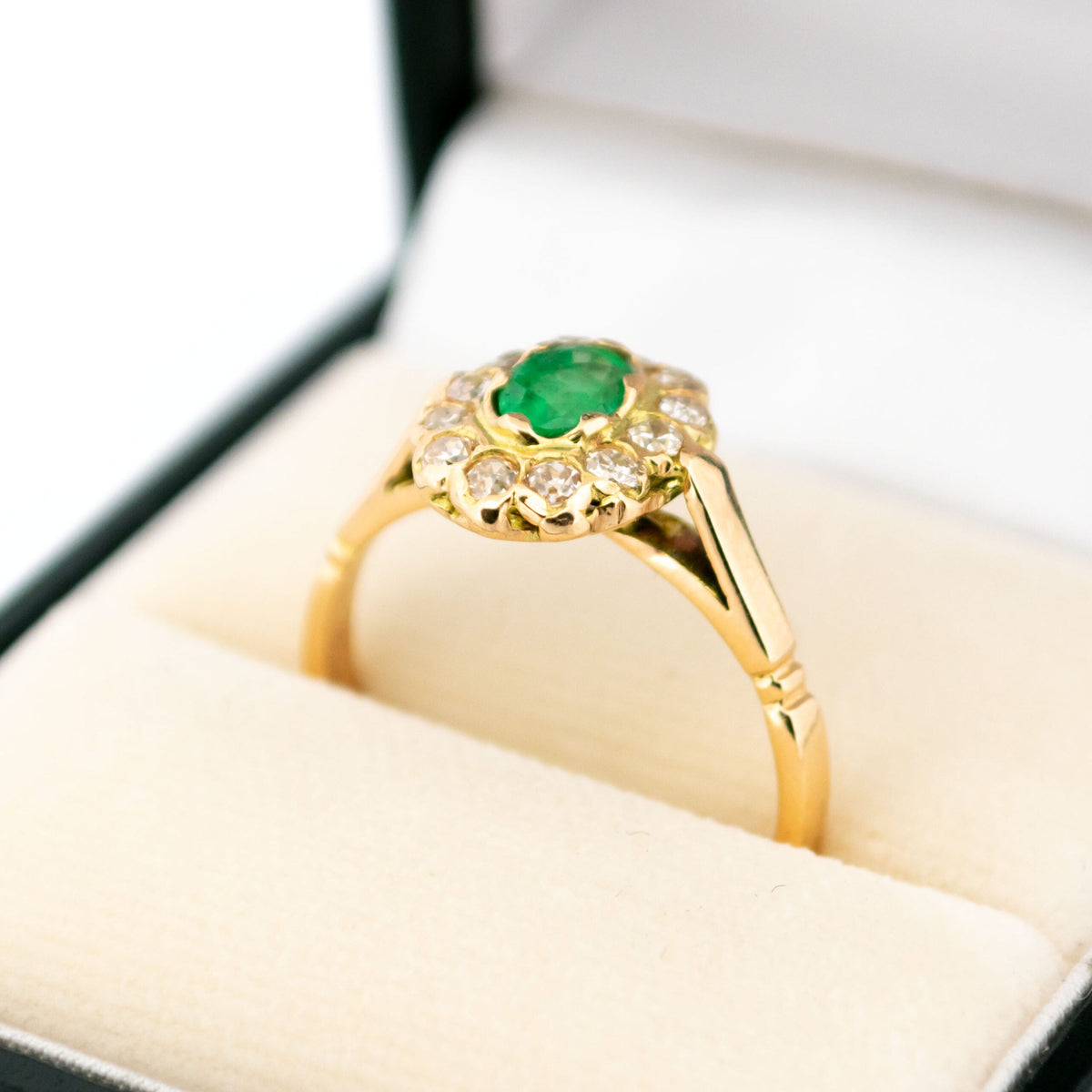 14 Carat Yellow Gold Emerald and Diamond Cluster Ring, 0.53 Carat