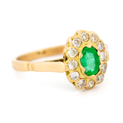 14 Carat Yellow Gold Emerald and Diamond Cluster Ring, 0.53 Carat