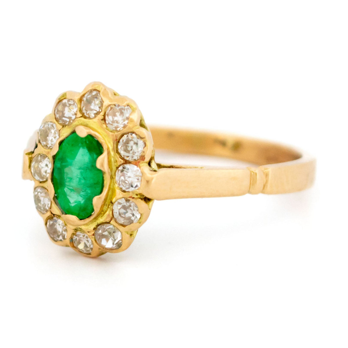 14 Carat Yellow Gold Emerald and Diamond Cluster Ring, 0.53 Carat
