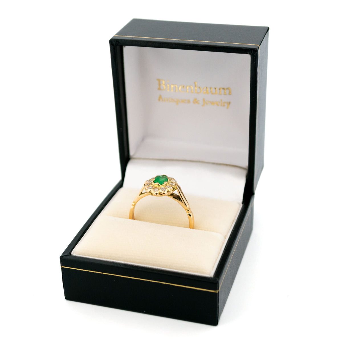 14 Carat Yellow Gold Emerald and Diamond Cluster Ring, 0.53 Carat