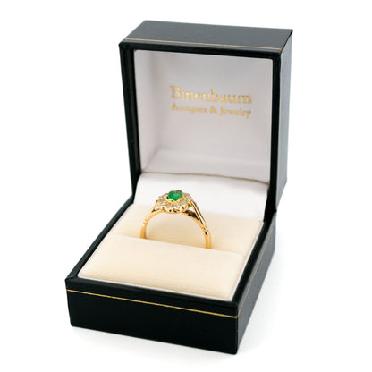 14 Carat Yellow Gold Emerald and Diamond Cluster Ring, 0.53 Carat