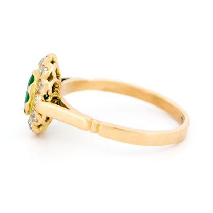 14 Carat Yellow Gold Emerald and Diamond Cluster Ring, 0.53 Carat