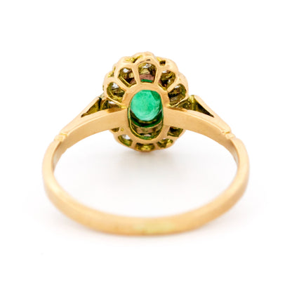 14 Carat Yellow Gold Emerald and Diamond Cluster Ring, 0.53 Carat