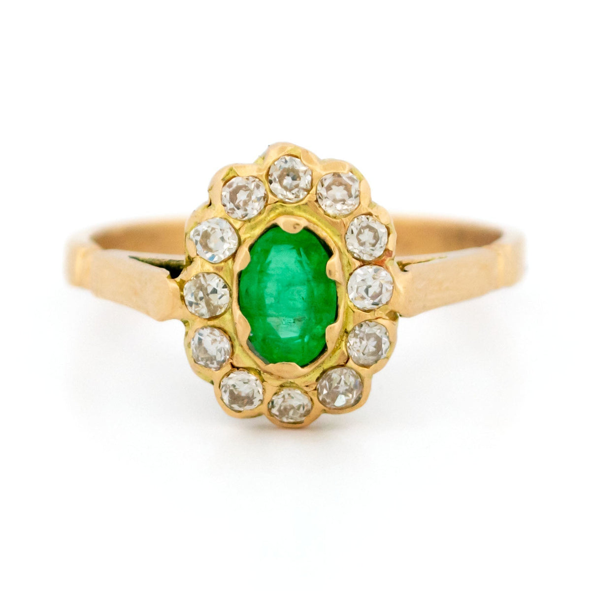 14 Carat Yellow Gold Emerald and Diamond Cluster Ring, 0.53 Carat