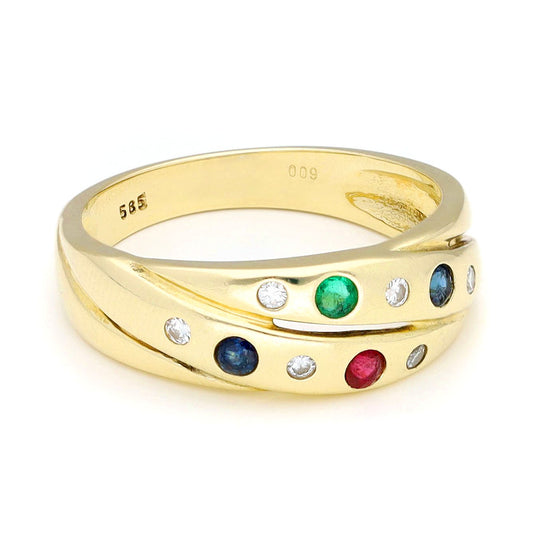 Yellow gold ring with embedded gemstones and diamonds on a white background, stamped 585