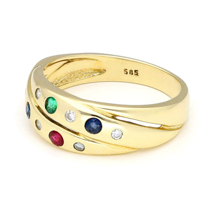 Yellow gold ring with embedded gemstones and diamonds on a white background, stamped 585