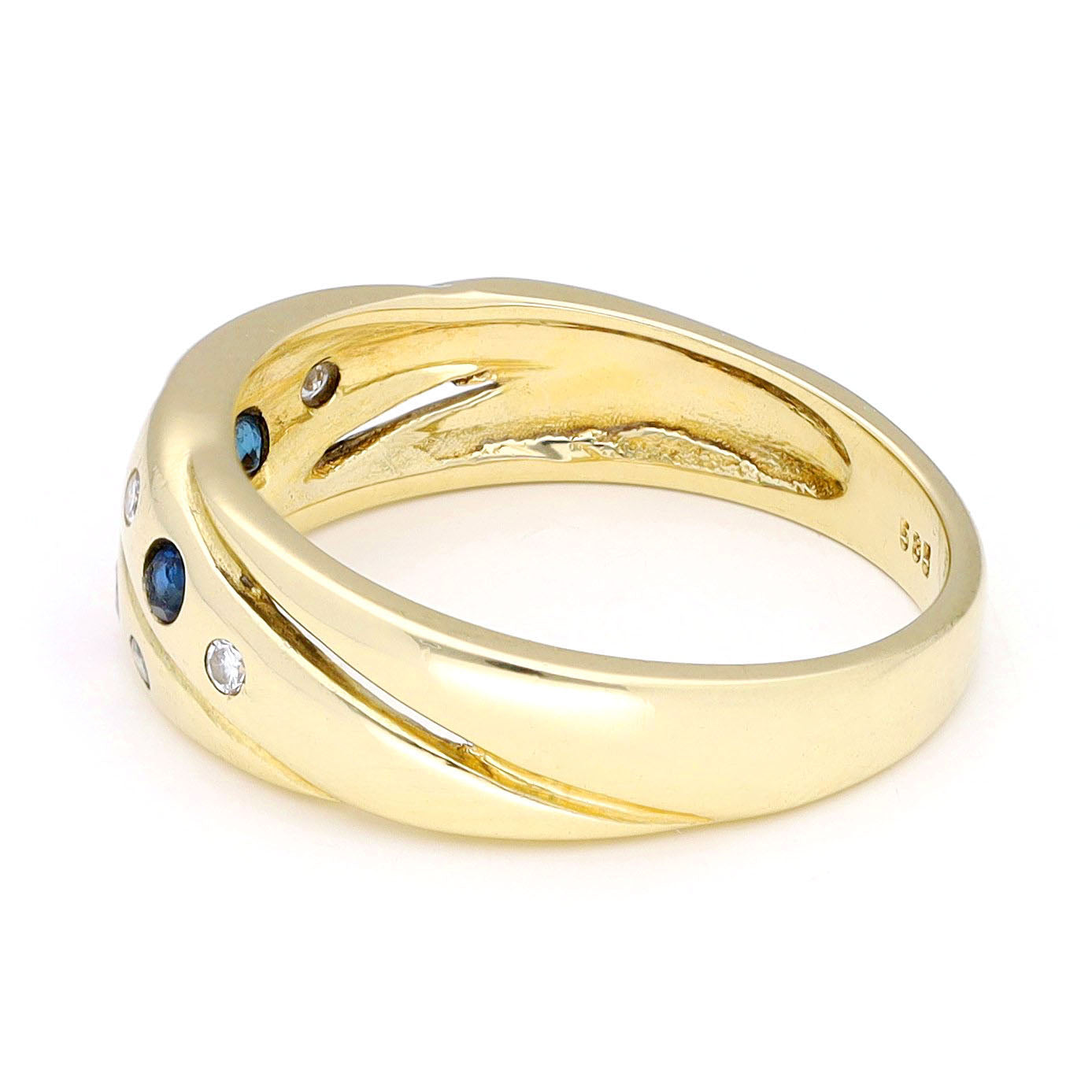 Yellow gold ring with embedded gemstones and diamonds on a white background, stamped 585