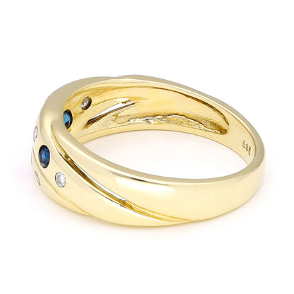 Yellow gold ring with embedded gemstones and diamonds on a white background, stamped 585