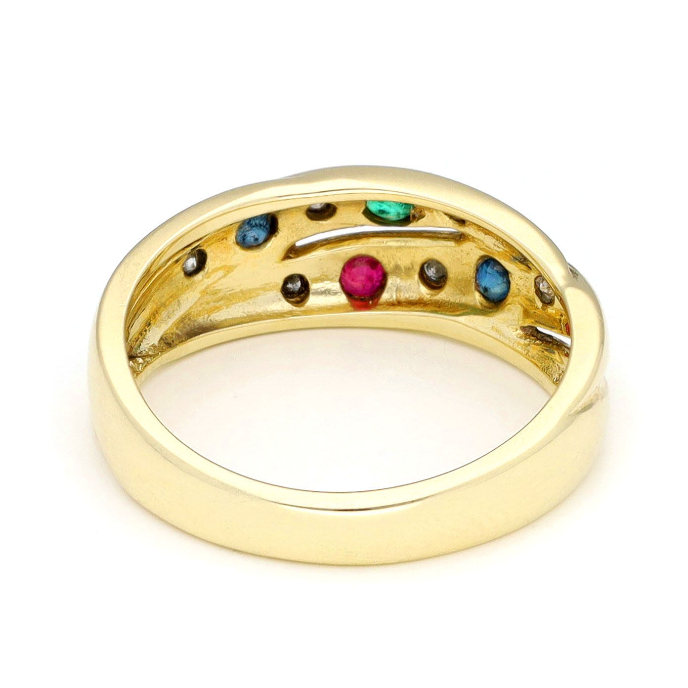 Yellow gold ring with embedded gemstones and diamonds on a white background