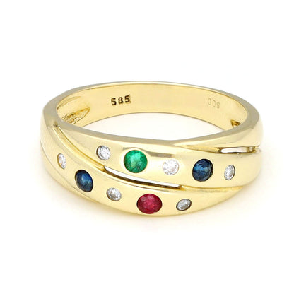 Yellow gold ring with embedded gemstones and diamonds on a white background, stamped 585