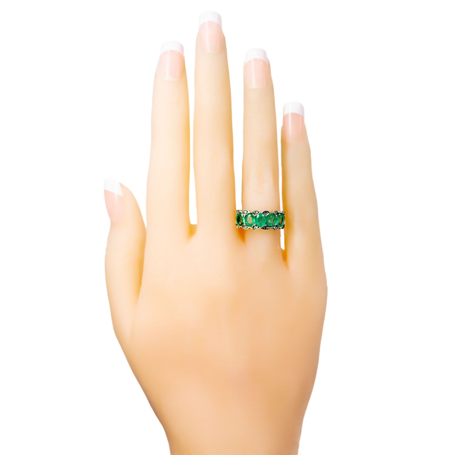 Diamond Emerald Silver 9 Carat Gold Row Ring
