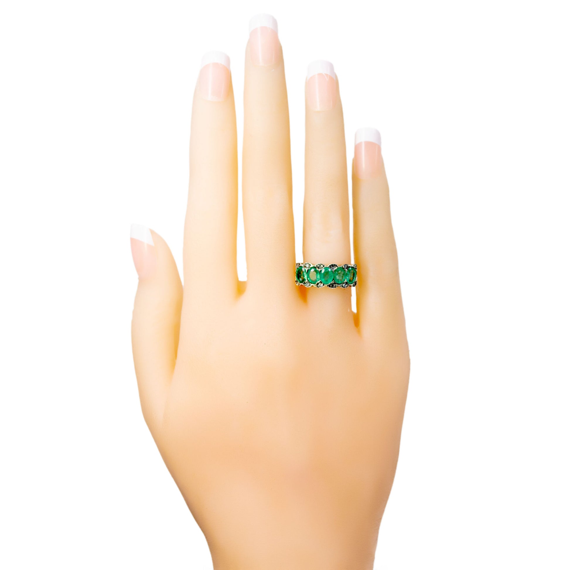 Diamond Emerald Silver 9 Carat Gold Row Ring