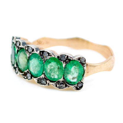 Diamond Emerald Silver 9 Carat Gold Row Ring