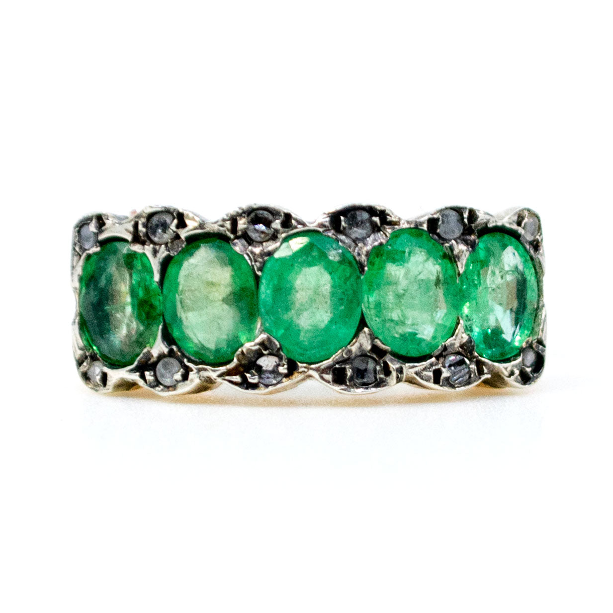 Diamond Emerald Silver 9 Carat Gold Row Ring