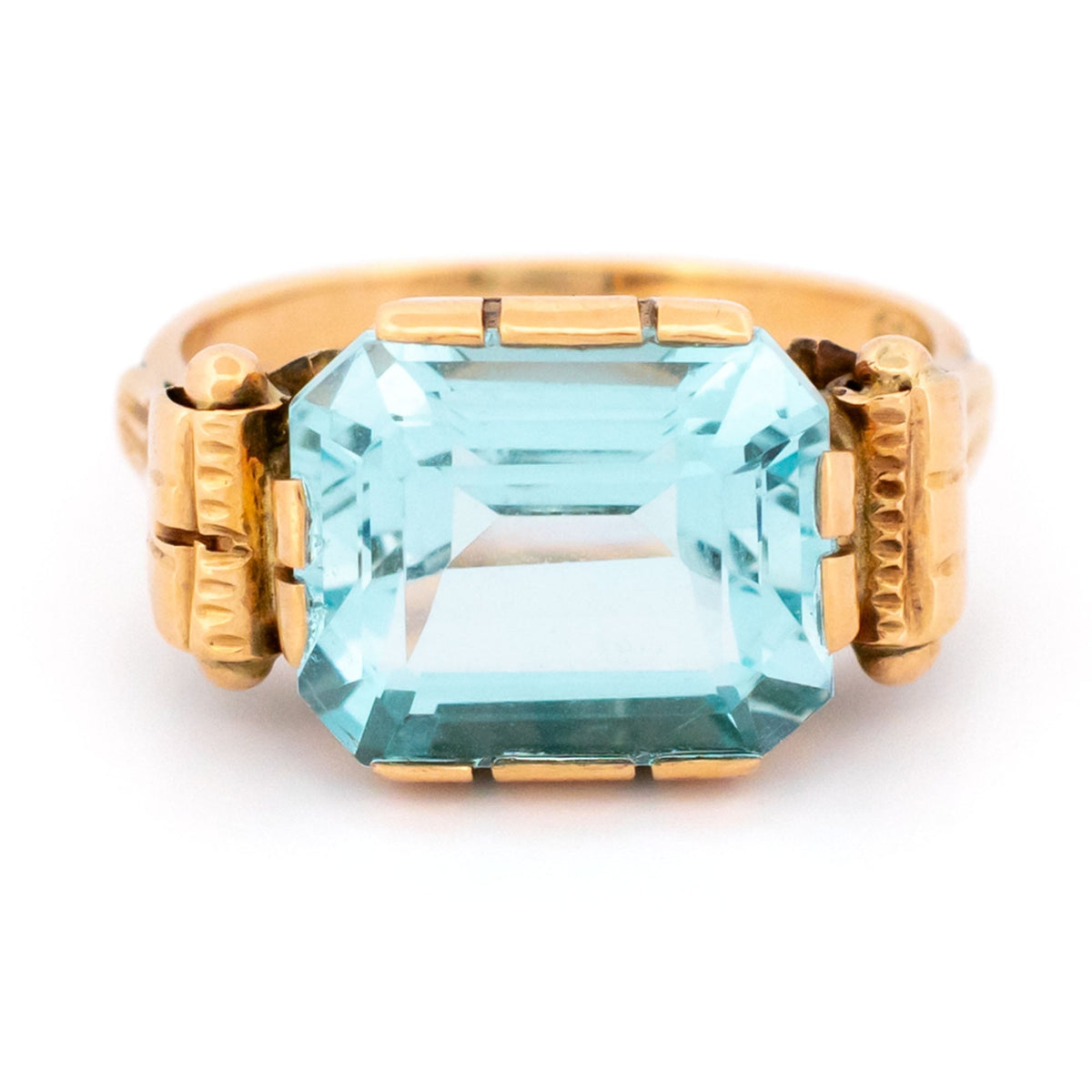 Vintage 14 Carat Yellow Gold Blue Topaz Tank Ring, 7.00 Carats