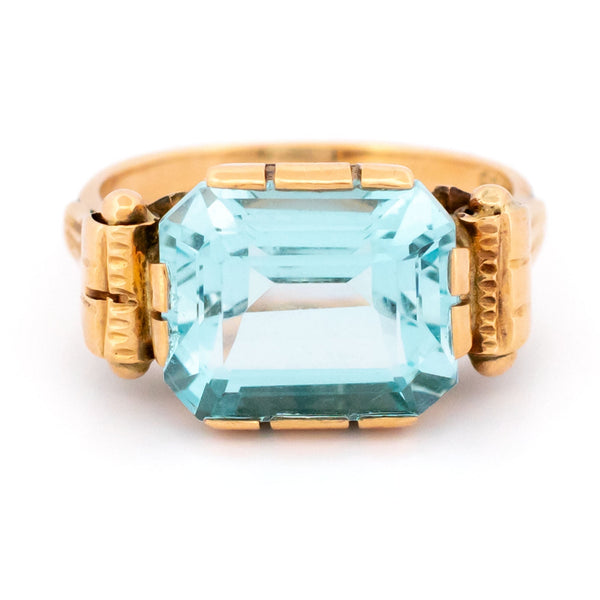 Vintage 14 Carat Yellow Gold Blue Topaz Tank Ring, 7.00 Carats