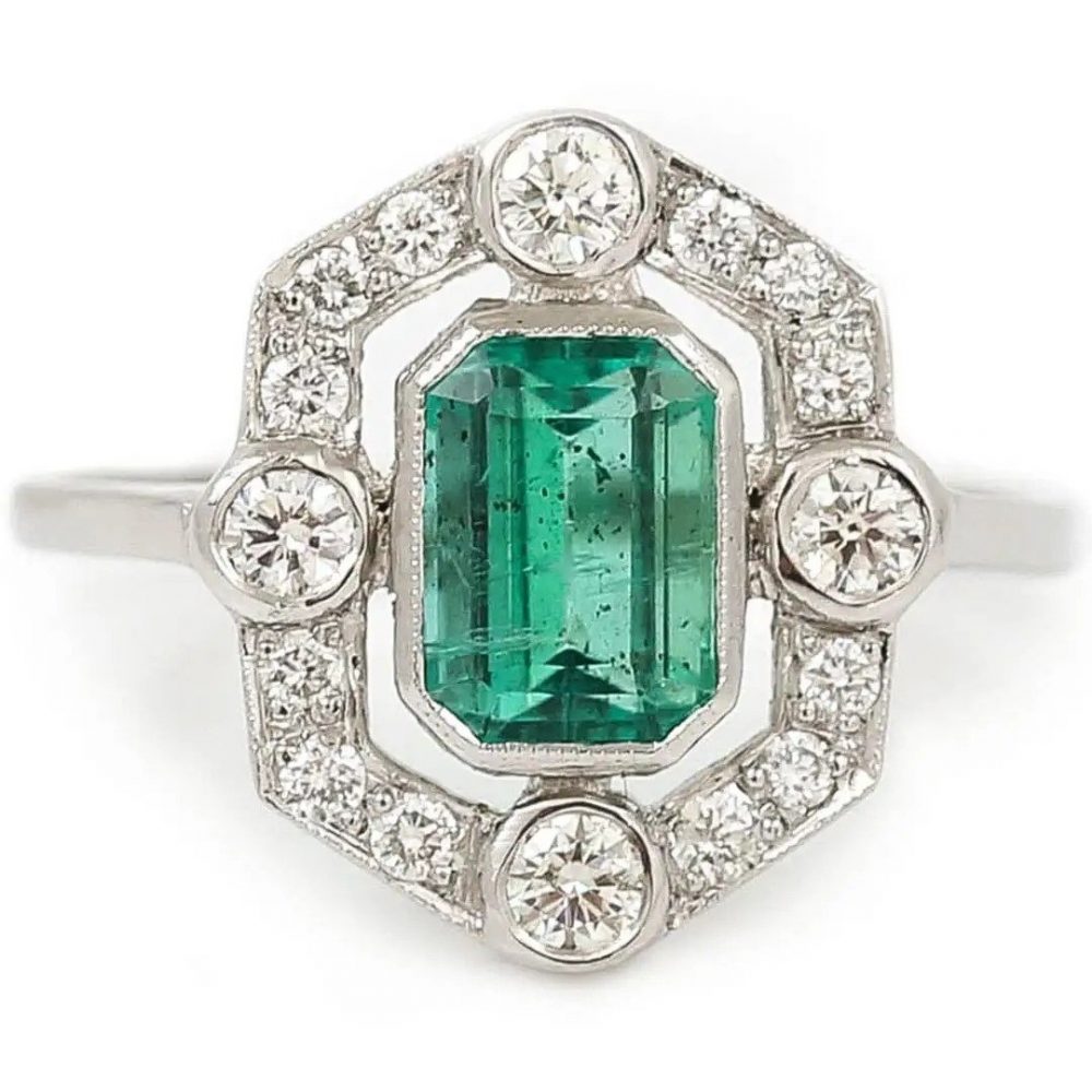 Art Deco Style 1ct Emerald and Diamond Halo Cluster Dress Ring in Platinum