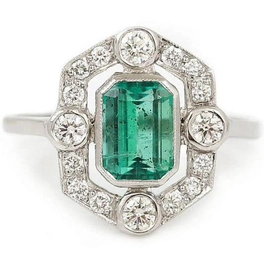 Art Deco Style 1ct Emerald and Diamond Halo Cluster Dress Ring in Platinum