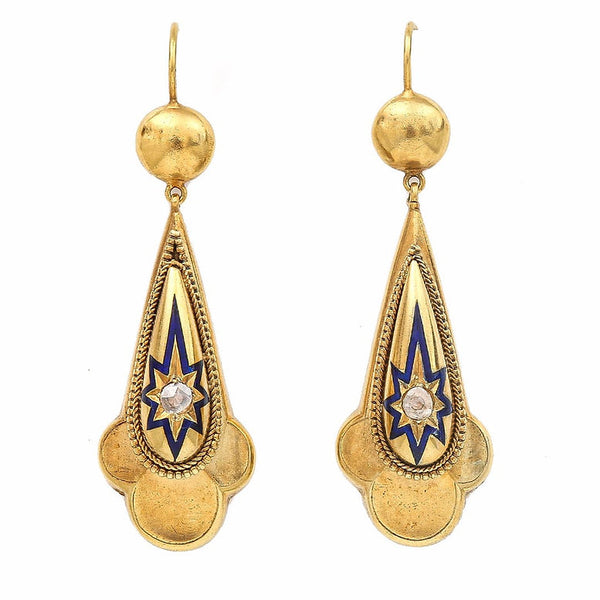 Victorian Antique 18ct Yellow Gold Drop Earrings with Diamonds and Blue Enamel