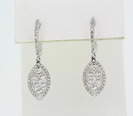 1.00ct Diamond Marquise Cluster Drop Earrings; diamond-set marquise with diamond halo, suspended from a diamond set hoop, 18ct white gold