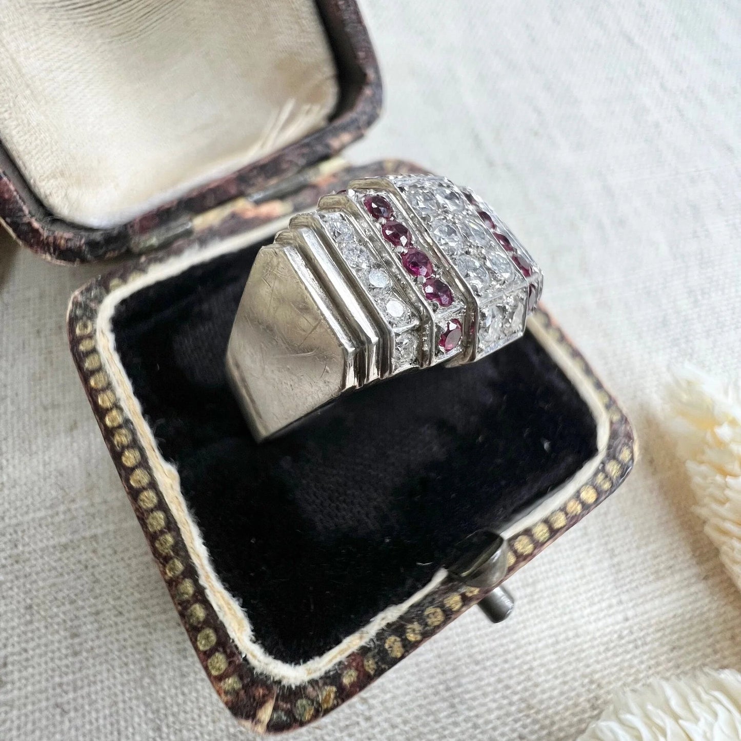 Art Deco Ruby and Diamond Plaque Cluster Tank Ring in Platinum